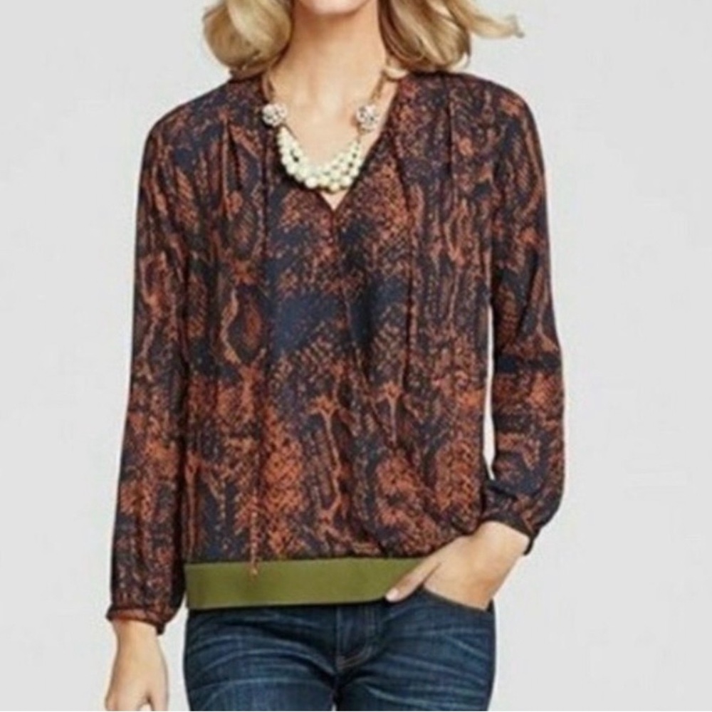 Cabi 101 Python Print Border Wrap Blouse Navy Rust Olive Snakeskin Top Medium